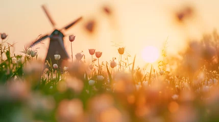 Poster Landscape of beautiful tulip field in Netherland at sunset © ZayNyi