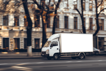 Panning photo, white box truck driving on the road with mockup space for advertising