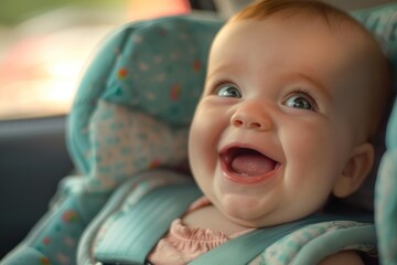 Cheerful child in a car seat - obrazy, fototapety, plakaty