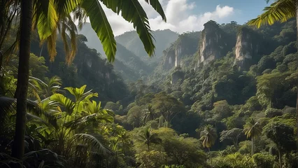 Papier Peint photo Gris 2 tropical forest in the jungle, tropical jungle with tropical green trees, green tropical landscape