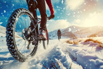 Close up snow dynamic Cyclist riding a bike - obrazy, fototapety, plakaty