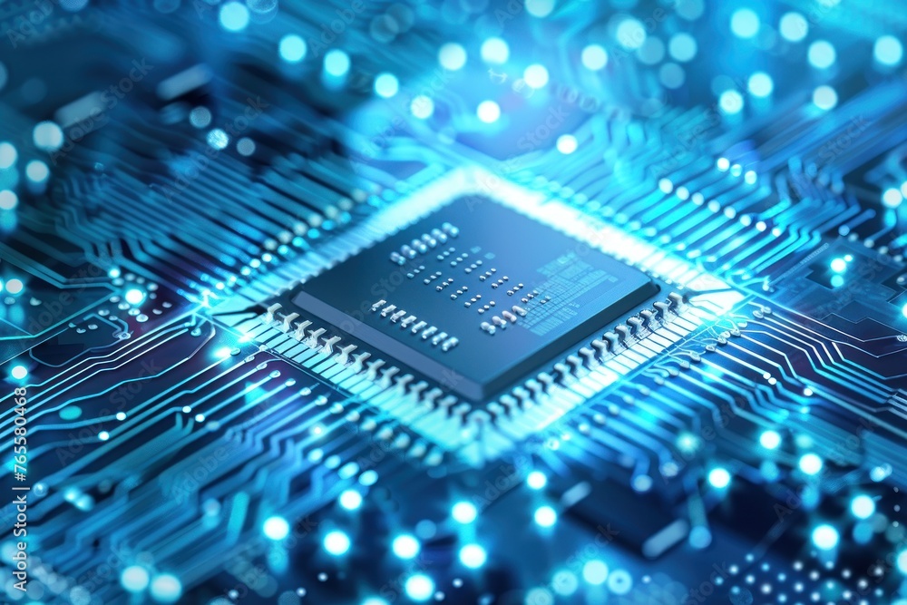 Poster computing processor, cpu, microchip and electronic circuit board. advanced technology conceptual bac