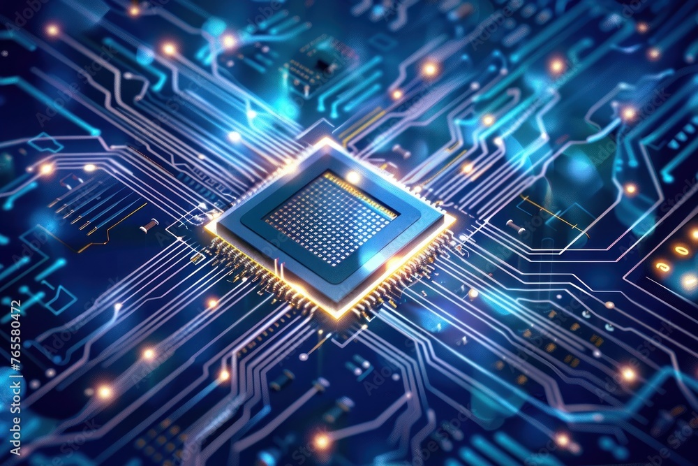 Poster computing processor, cpu, microchip and electronic circuit board. advanced technology conceptual bac
