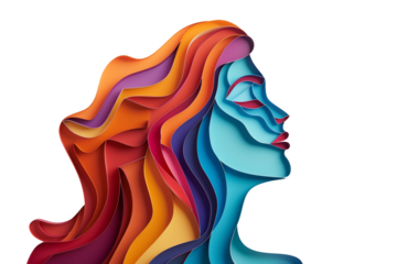 Paper cut style colourful woman portrait on transparent background