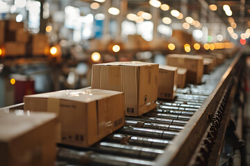 Package boxes on a conveyor inside a cargo sorting warehouse - obrazy, fototapety, plakaty