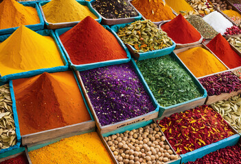 Cascading layers of colorful spices, reminiscent of an exotic marketplace bustling with life - obrazy, fototapety, plakaty