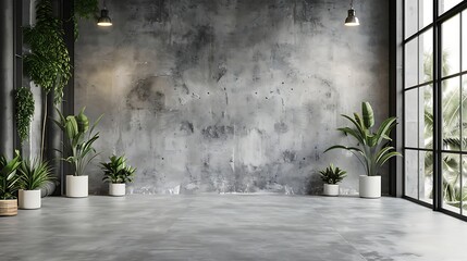 Photo front view on blank light grey wall with place for your logo or text in spacious industrial style coworking office with concrete floor cozy workspaces. Generative Ai