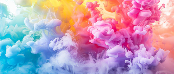 Fondo abstracto con humo de diferentes colores formando figuras geométricas en colores azules, verdes, rosas, amarillos y violetas  - obrazy, fototapety, plakaty