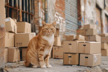 Cute cat sitting near stack of cardboard boxes