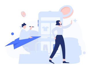 Holiday shopping people doing e-commerce online shopping flat vector concept operation hand drawn illustration
