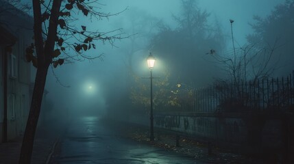 A lone streetlamp in a misty alley - obrazy, fototapety, plakaty