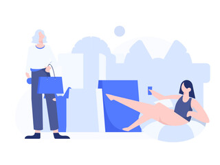 Holiday shopping people doing e-commerce online shopping flat vector concept operation hand drawn illustration
