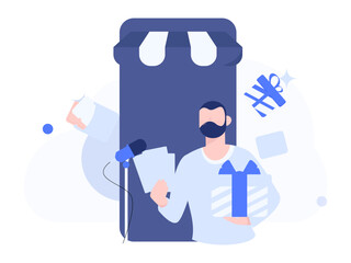 Holiday shopping people doing e-commerce online shopping flat vector concept operation hand drawn illustration
