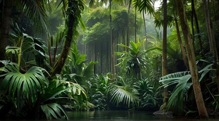 Fototapeta na wymiar tropical forest in the jungle, tropical jungle with tropical green trees, green tropical landscape