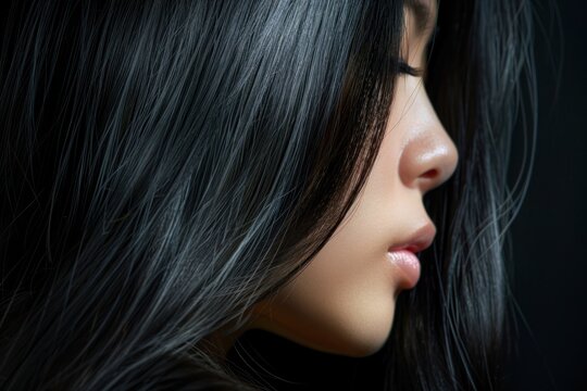 dramatic half profile portrait of an asian woman with long black hair