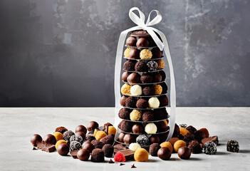 A decadent tower of chocolate truffles, each one a tiny indulgence waiting to be enjoyed - obrazy, fototapety, plakaty