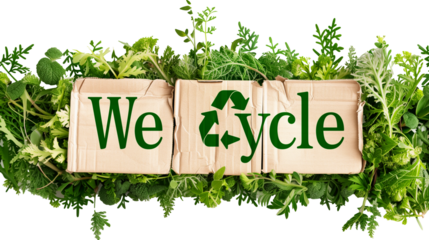 Eco-friendly green banner "We Recycle" Message isolated on transparent background