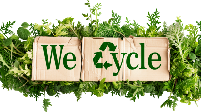 Eco-friendly green banner "We Recycle" Message isolated on transparent background