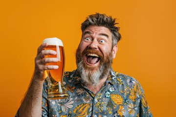 Funny excited middle aged man drinks a beer - obrazy, fototapety, plakaty