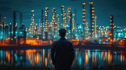 Contemplative Man at Industrial Nightscape, man in a leather jacket stands silhouetted against a backdrop of a luminous oil refinery, reflecting on the water surface at dusk
