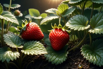 fresh ripe red strawberry growing in the ground