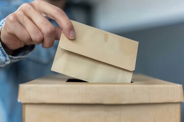 hand that is putting an envelope into a ballot box - voting day concept