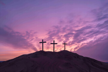 Obraz premium Three christian crosses on the mountain at sunrise, the crucifixion of Jesus Christ