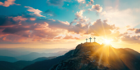 Three christian crosses on the mountain at sunrise, the crucifixion of Jesus Christ