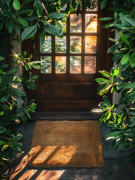Doorway with a sunlit rug and greenery - Lush green leaves frame a homely wooden door with a textured mat, highlighting nature's beauty in domestic spaces