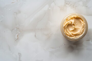 Natural face mask cream on a white table, flat lay shot