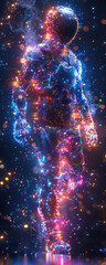 Luminous cybernetic figure in a digital dreamscape - A dazzling digital artwork showcasing a cybernetic figure surrounded by a dreamscape of sparkling lights and vivid colors