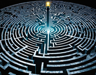 A labyrinth with a light at the end, portraying the journey of navigating challenges towards success in business - obrazy, fototapety, plakaty