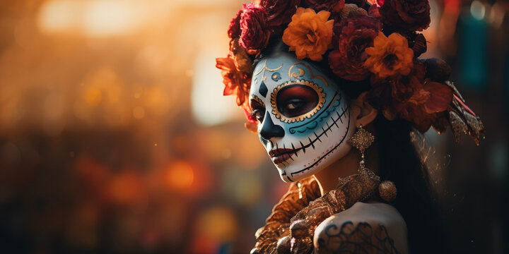 Halloween make up. Fantasy Day of the Dead POC Witch in Sugar Skull Face Paint. Day of the dead. Traditional mexican catrina. Day of the death. Dia de muertos background.