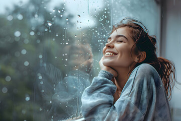 A woman on her balcony during a rainy day, hugging her knees and smiling, as raindrops streak the glass barrier. The grey, misty background contrasts with the warmth of her smile. - obrazy, fototapety, plakaty