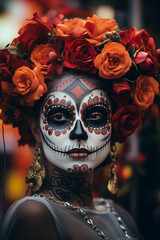 Halloween make up. Fantasy Day of the Dead POC Witch in Sugar Skull Face Paint. Day of the dead. Traditional mexican catrina. Day of the death. Dia de muertos background.