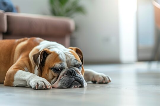 Sleepy bored English bulldog waiting at home, dog lying alone on the floor