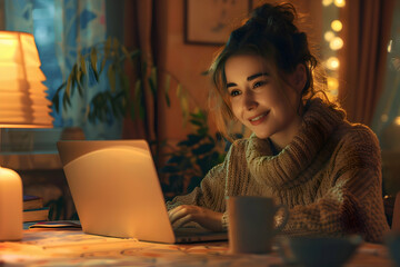 Woman sitting at a cozy home desk, smiling at a laptop screen with a cup of coffee beside her. Smiling depression concept. 