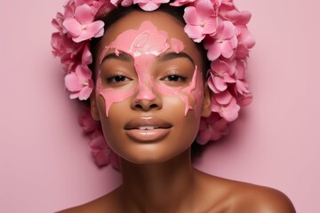 Woman With Pink Flowers Painted on Her Face