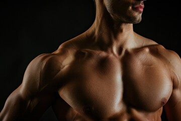 Fototapeta premium Strong muscular male posing against black background, cropped