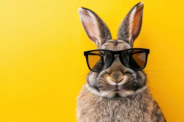 Foto op Plexiglas bunny with sunglasses yellow background, easter concept © Igor