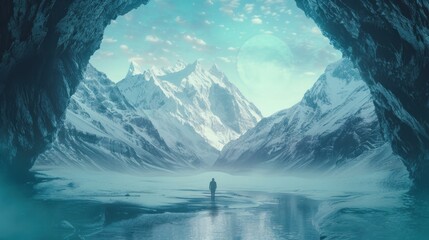 Lone person standing in vast frozen landscape, surrounded by icy mountains and aurora-lit sky, symbolizing solitude and exploration. Surreal nature and adventure. - obrazy, fototapety, plakaty