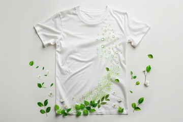 White T-shirt with water drops and green leaves with flowers swirling and flying Isolated on white background