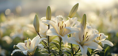A field of blooming white lilies, their petals unfurling in the morning dew, radiating purity and grace.