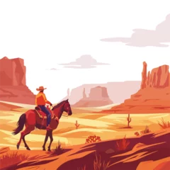 Plexiglas foto achterwand cowboy in horse desert landscape scene vector illus © Quintessa