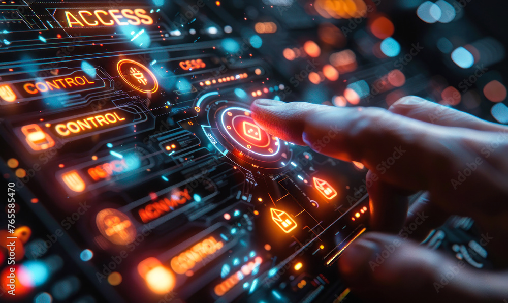 Poster cybersecurity expert configuring access control protocols with virtual interface displaying security