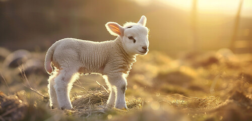 A newborn lamb standing in a sunlit meadow, its fleece as white as snow, embodying the purity of...
