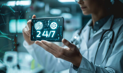 Healthcare Professional Presenting a 24/7 Medical Service Concept with Virtual Icons Symbolizing Constant Care Availability