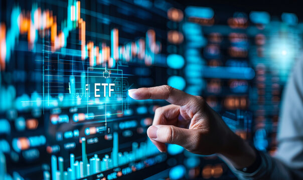 Futuristic digital display shows stock market data ETF trading, financial professional analyzing graphs & candlestick charts to make investment decisions using advanced technology and analytical tools