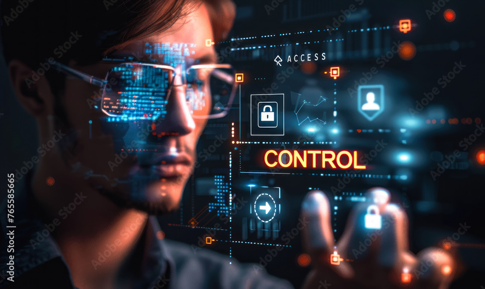 Poster cybersecurity expert configuring access control protocols with virtual interface displaying security
