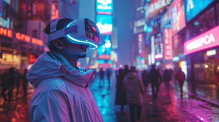 Futuristic Cityscape at Dusk with Pedestrians Wearing Glowing VR AR Headsets Surrounded by Neon Lights, Creating a Cinematic and Urban Sci-Fi Concept